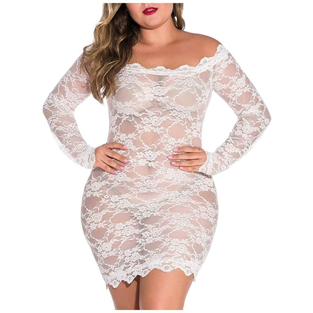 Robes Plus Size Lingerie for Women Chemise Nightgown Sexy Off The Shoulder Sleepwear Sheer Mesh Pajamas - White - CJ194W52Q32