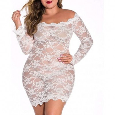 Robes Plus Size Lingerie for Women Chemise Nightgown Sexy Off The Shoulder Sleepwear Sheer Mesh Pajamas - White - CJ194W52Q32