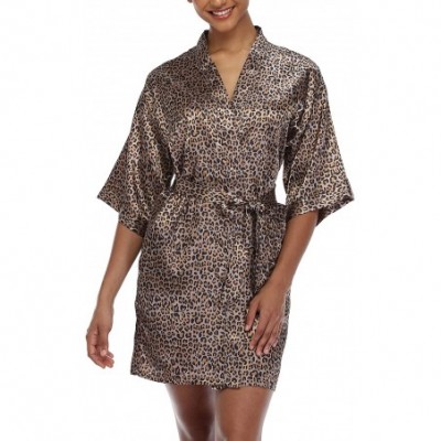 Robes Women's Satin Short Kimono Robe Solid Color Bridesmaid Robes Silky Bathrobe for Wedding Party - Leopard Print - CZ190TW...