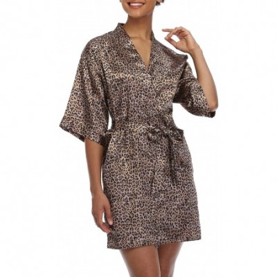 Robes Women's Satin Short Kimono Robe Solid Color Bridesmaid Robes Silky Bathrobe for Wedding Party - Leopard Print - CZ190TW...