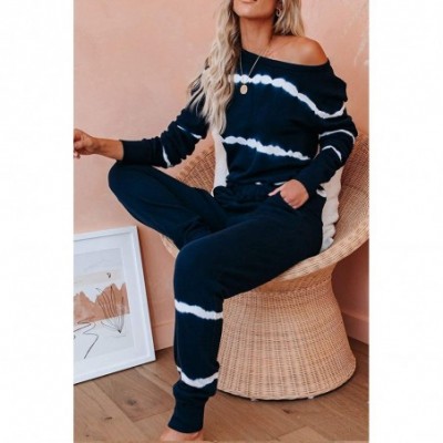 Sets Womens Tie Dye Printed Loungewear Striped Long Sleeve Tops and Pants Joggers Long Pajamas Set Sleepwear - Black - CE199G...