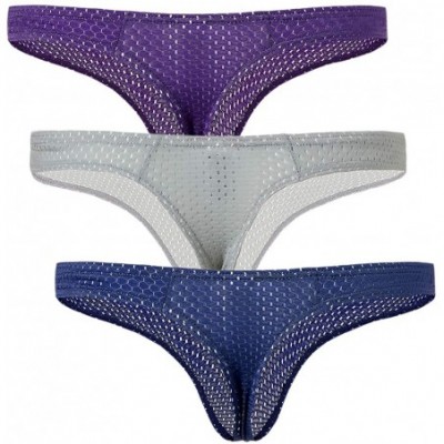 G-Strings & Thongs Men's Sexy Mesh Underwear Thongs Shorts Low Waist Thongs 3 Pack - Pu+gr+db - CB18Y9X027U