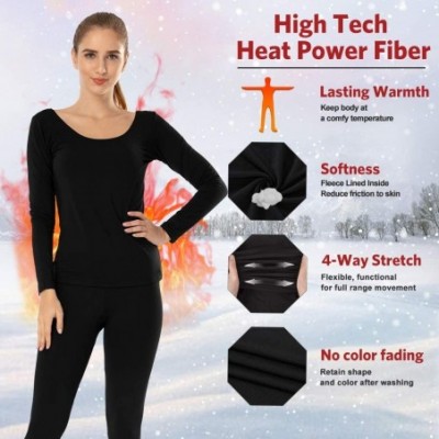 Thermal Underwear Womens Thermal Underwear Long Johns Set Fleece Lined Ultra Soft Ballet Neck Base Layer Black X-Small - CQ19...