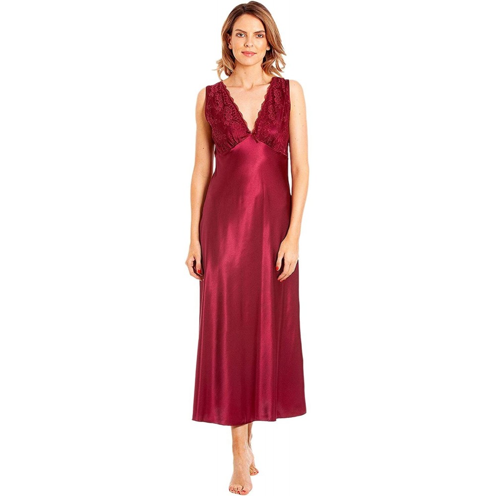 Baby Dolls & Chemises Womens Satin & Deep Lace Long Chemise Nightdress with Build Up Shoulder N52 - Claret - CH18ZWIX0OH