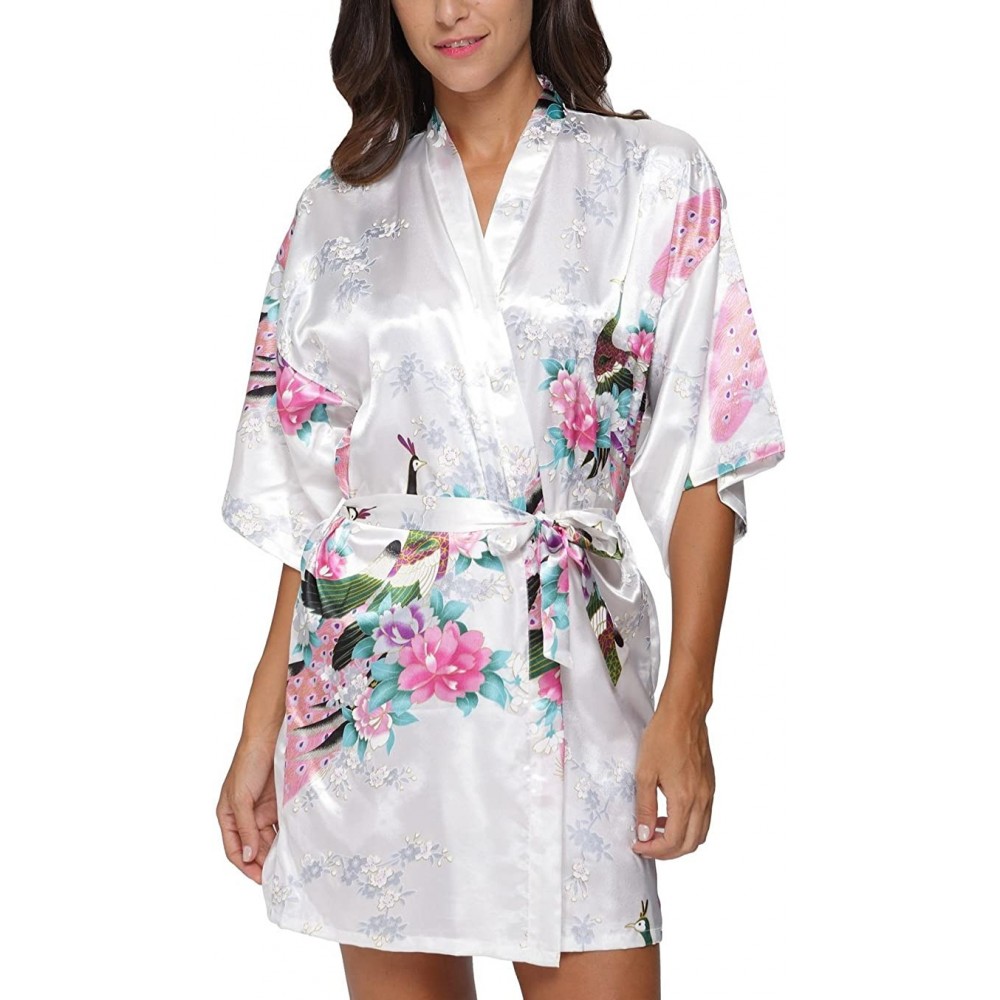 Robes Women's Short Satin Kimono Robe Floral Peacock Patterned Bathrobe Silky Bridal Nightwear - White - CU12H9P62LL