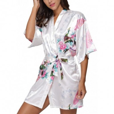 Robes Women's Short Satin Kimono Robe Floral Peacock Patterned Bathrobe Silky Bridal Nightwear - White - CU12H9P62LL