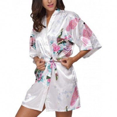 Robes Women's Short Satin Kimono Robe Floral Peacock Patterned Bathrobe Silky Bridal Nightwear - White - CU12H9P62LL