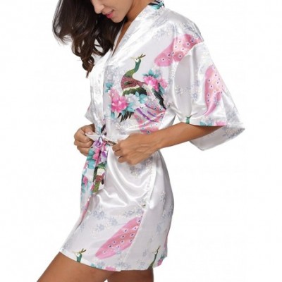 Robes Women's Short Satin Kimono Robe Floral Peacock Patterned Bathrobe Silky Bridal Nightwear - White - CU12H9P62LL