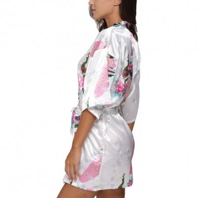 Robes Women's Short Satin Kimono Robe Floral Peacock Patterned Bathrobe Silky Bridal Nightwear - White - CU12H9P62LL