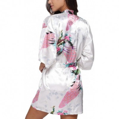 Robes Women's Short Satin Kimono Robe Floral Peacock Patterned Bathrobe Silky Bridal Nightwear - White - CU12H9P62LL