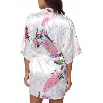 Robes Women's Short Satin Kimono Robe Floral Peacock Patterned Bathrobe Silky Bridal Nightwear - White - CU12H9P62LL