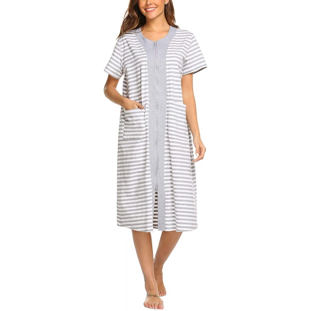 Robes Zipper Front Housecoat Short Sleeve & Half Sleeve Zip Nightgown Long Houedress with Pockets - White - CM18QCU8AH7