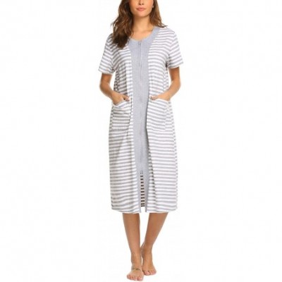 Robes Zipper Front Housecoat Short Sleeve & Half Sleeve Zip Nightgown Long Houedress with Pockets - White - CM18QCU8AH7