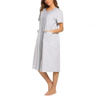 Robes Zipper Front Housecoat Short Sleeve & Half Sleeve Zip Nightgown Long Houedress with Pockets - White - CM18QCU8AH7