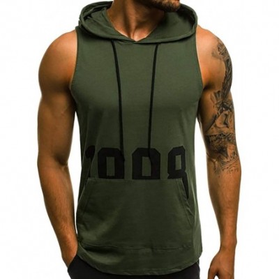 Sleep Tops Men's Workout Hooded Tank Tops Bodybuilding Muscle Cut Off T Shirt Sleeveless Gym Hoodies - Army Green B - CO194EA...