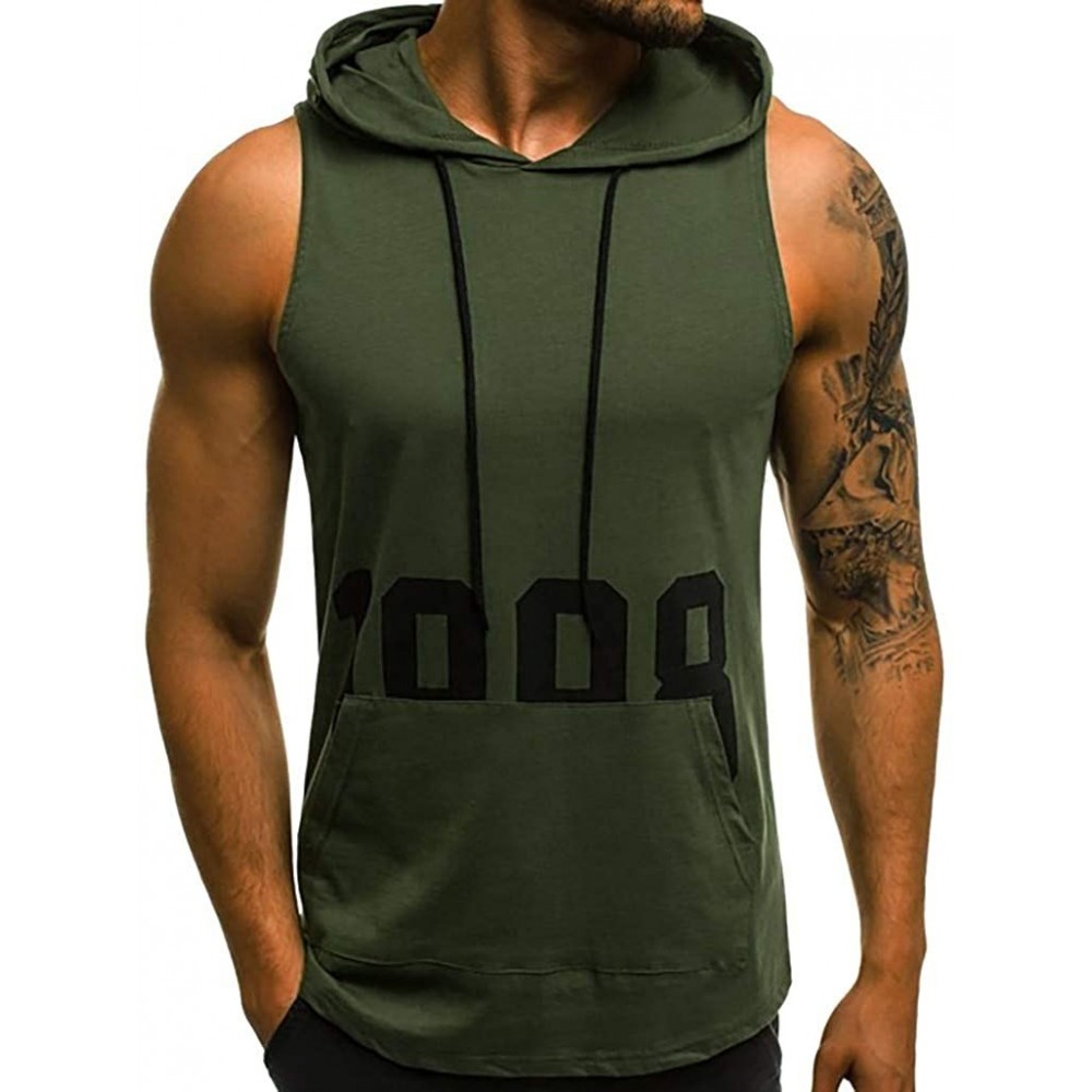 Sleep Tops Men's Workout Hooded Tank Tops Bodybuilding Muscle Cut Off T Shirt Sleeveless Gym Hoodies - Army Green B - CO194EA...