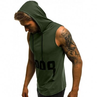 Sleep Tops Men's Workout Hooded Tank Tops Bodybuilding Muscle Cut Off T Shirt Sleeveless Gym Hoodies - Army Green B - CO194EA...