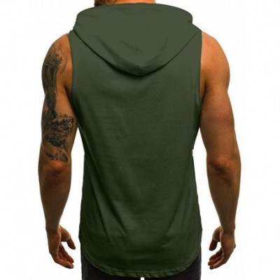 Sleep Tops Men's Workout Hooded Tank Tops Bodybuilding Muscle Cut Off T Shirt Sleeveless Gym Hoodies - Army Green B - CO194EA...