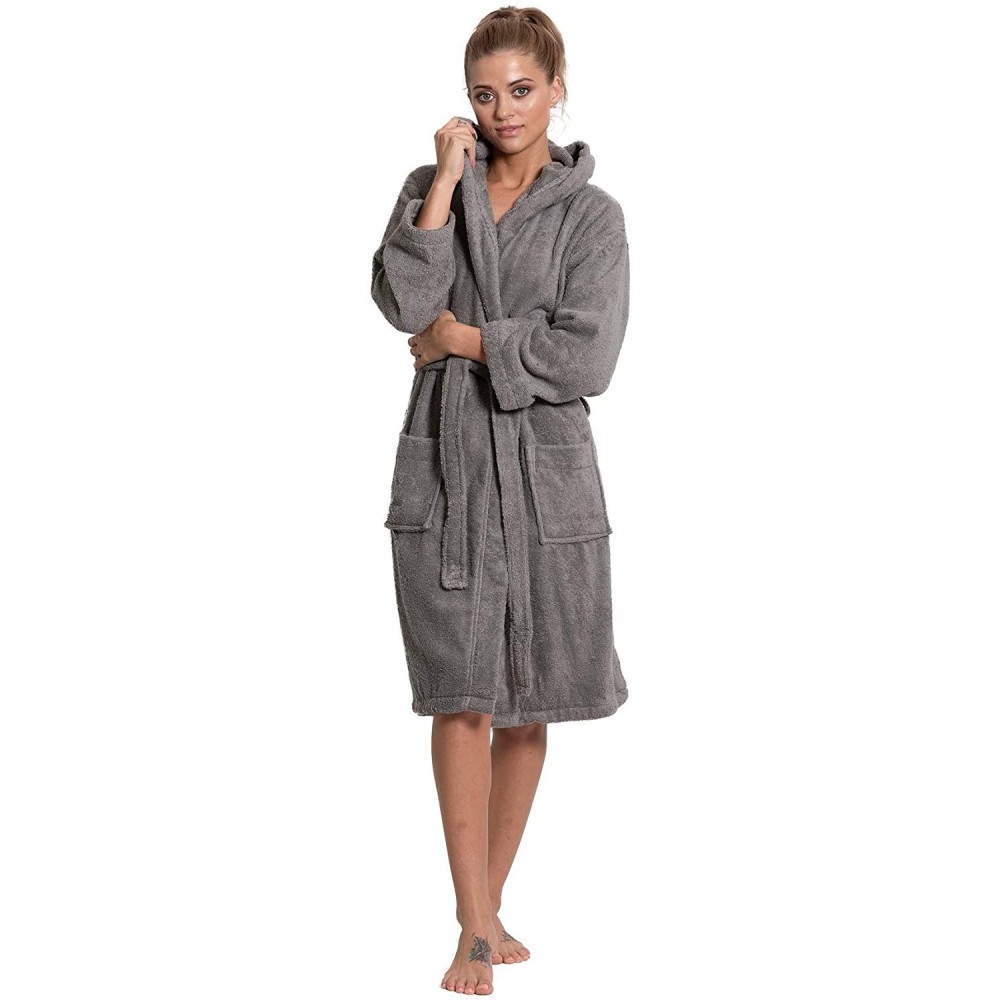 Robes Women's Turkish Cotton Hooded Robe- Terry Hooded Bathrobe - Gray - CQ187C8U97H