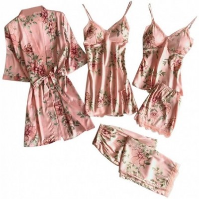 Robes Women Floral Printed Pajamas Sets Sexy Silky Silk Lace Sleepwear Set Dress Robe Shorts & Pants Home Wear Pink5pc - CN19...