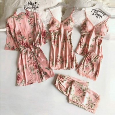 Robes Women Floral Printed Pajamas Sets Sexy Silky Silk Lace Sleepwear Set Dress Robe Shorts & Pants Home Wear Pink5pc - CN19...