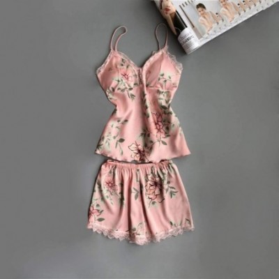 Robes Women Floral Printed Pajamas Sets Sexy Silky Silk Lace Sleepwear Set Dress Robe Shorts & Pants Home Wear Pink5pc - CN19...