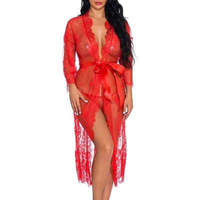 Slips New Lingerie for Women Sexy Long Lace Dress Sheer Gown See Through Kimono Robe - Red - C918XWXOON7