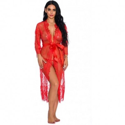 Slips New Lingerie for Women Sexy Long Lace Dress Sheer Gown See Through Kimono Robe - Red - C918XWXOON7