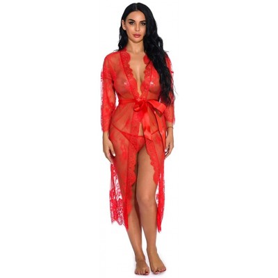 Slips New Lingerie for Women Sexy Long Lace Dress Sheer Gown See Through Kimono Robe - Red - C918XWXOON7