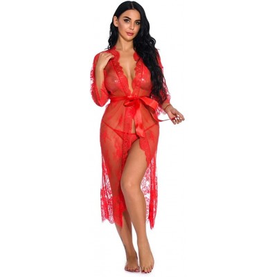 Slips New Lingerie for Women Sexy Long Lace Dress Sheer Gown See Through Kimono Robe - Red - C918XWXOON7