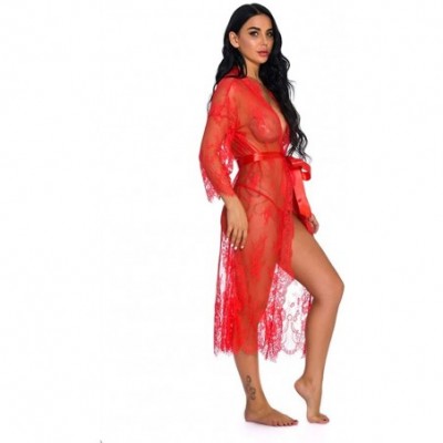 Slips New Lingerie for Women Sexy Long Lace Dress Sheer Gown See Through Kimono Robe - Red - C918XWXOON7