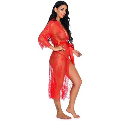 Slips New Lingerie for Women Sexy Long Lace Dress Sheer Gown See Through Kimono Robe - Red - C918XWXOON7