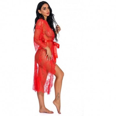 Slips New Lingerie for Women Sexy Long Lace Dress Sheer Gown See Through Kimono Robe - Red - C918XWXOON7