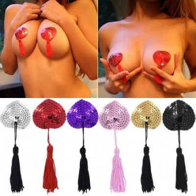 Accessories Adhesive Bra-Sexy Bling Sequin Tassel Breast Petal Bra Nipple Cover Sticker - Red - CG18TYC6RCA