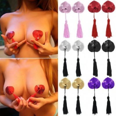 Accessories Adhesive Bra-Sexy Bling Sequin Tassel Breast Petal Bra Nipple Cover Sticker - Red - CG18TYC6RCA