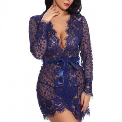 Robes Women's Lace Kimono Robe Lingerie Eyelash Babydoll Sheer Nightwear with Satin Belt - Navy - CP18UK9TA7U