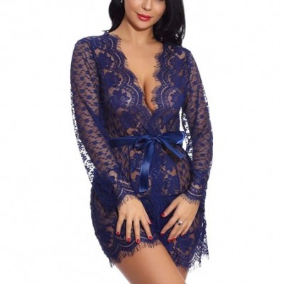 Robes Women's Lace Kimono Robe Lingerie Eyelash Babydoll Sheer Nightwear with Satin Belt - Navy - CP18UK9TA7U