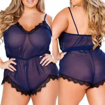 Baby Dolls & Chemises Sexy Lingerie Plus Size Babydoll Set Women Deep V Straps Lace Open Back Style Chemise Underwear - Blue ...