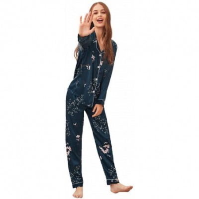 Sets Women's Printed Pajamas Set Button Down Sleepwear Nightwear Pj Lounge Sets - Navy Floral - CD194IT47Z3