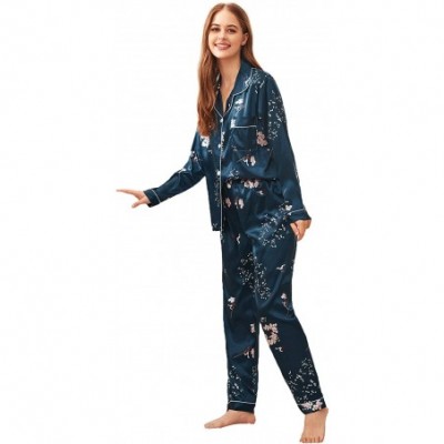 Sets Women's Printed Pajamas Set Button Down Sleepwear Nightwear Pj Lounge Sets - Navy Floral - CD194IT47Z3