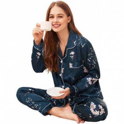 Sets Women's Printed Pajamas Set Button Down Sleepwear Nightwear Pj Lounge Sets - Navy Floral - CD194IT47Z3