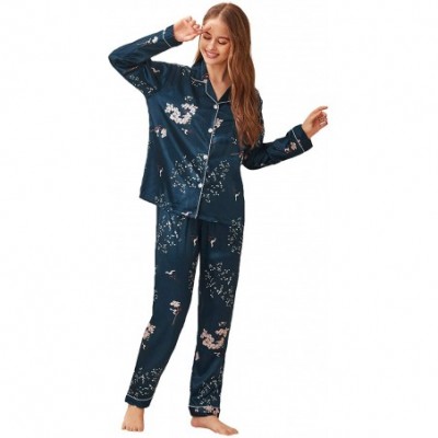 Sets Women's Printed Pajamas Set Button Down Sleepwear Nightwear Pj Lounge Sets - Navy Floral - CD194IT47Z3