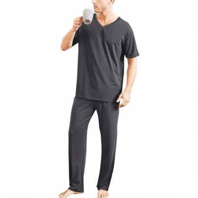 Sleep Sets Mens Sleepwear Sets Short Sleeve Sleep Shirts Pajama Pants Plus Size Pjs Soft Two Piece Loungewear - Grey - CC190L...