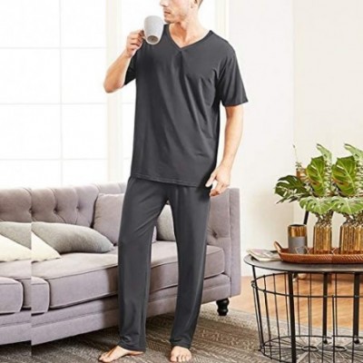 Sleep Sets Mens Sleepwear Sets Short Sleeve Sleep Shirts Pajama Pants Plus Size Pjs Soft Two Piece Loungewear - Grey - CC190L...