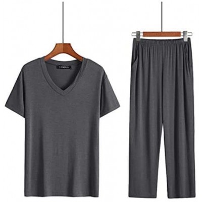 Sleep Sets Mens Sleepwear Sets Short Sleeve Sleep Shirts Pajama Pants Plus Size Pjs Soft Two Piece Loungewear - Grey - CC190L...