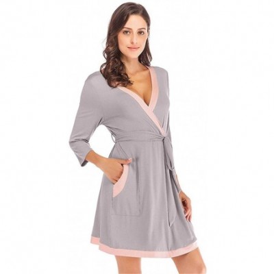 Robes Women Soft Cotton Modal Robe with Pockets V Neck 3/4 Sleeves Short Loungewear Kimono Sleepwear - Grey - C8197NKGK08