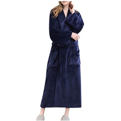 Robes Womens Flannel Pajama Bathrobe Winter Lengthened Coralline Sleepwear Bathrobe Nightwear Robe Nightgown L/3XL Navy - C51...