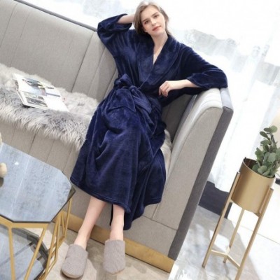 Robes Womens Flannel Pajama Bathrobe Winter Lengthened Coralline Sleepwear Bathrobe Nightwear Robe Nightgown L/3XL Navy - C51...