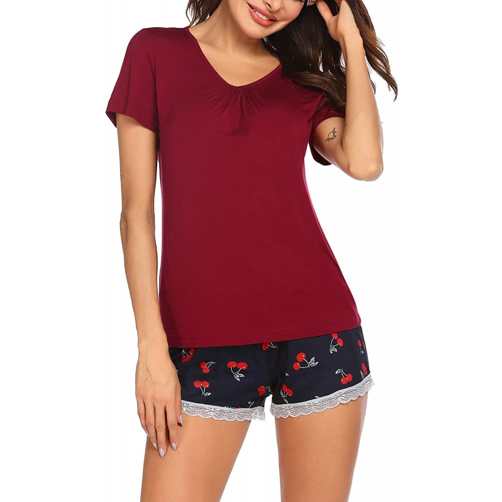 Sets Women's Short Pajamas Sets V-Neck Folds Short Sleeve Prints Lace Sleepwear Cute Nightwear Pjs - A1-wine Red - C71992TYY6Q