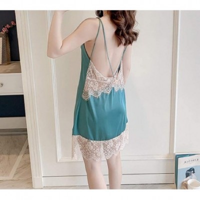 Nightgowns & Sleepshirts Womens Backless Charmeuse Sexy Lace Patchwork Sling Nightwear Sleepwear - Green - CP199SMLA20